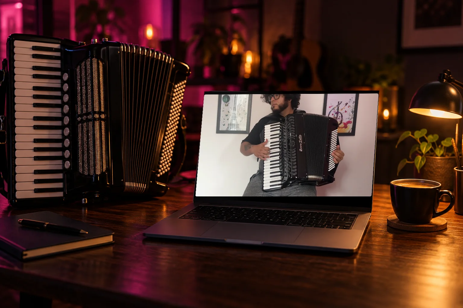 Notebook numa mesa escura ao lado de uma sanfona, com a aula Música completa de Sapo de Galocha aberta na área de membros