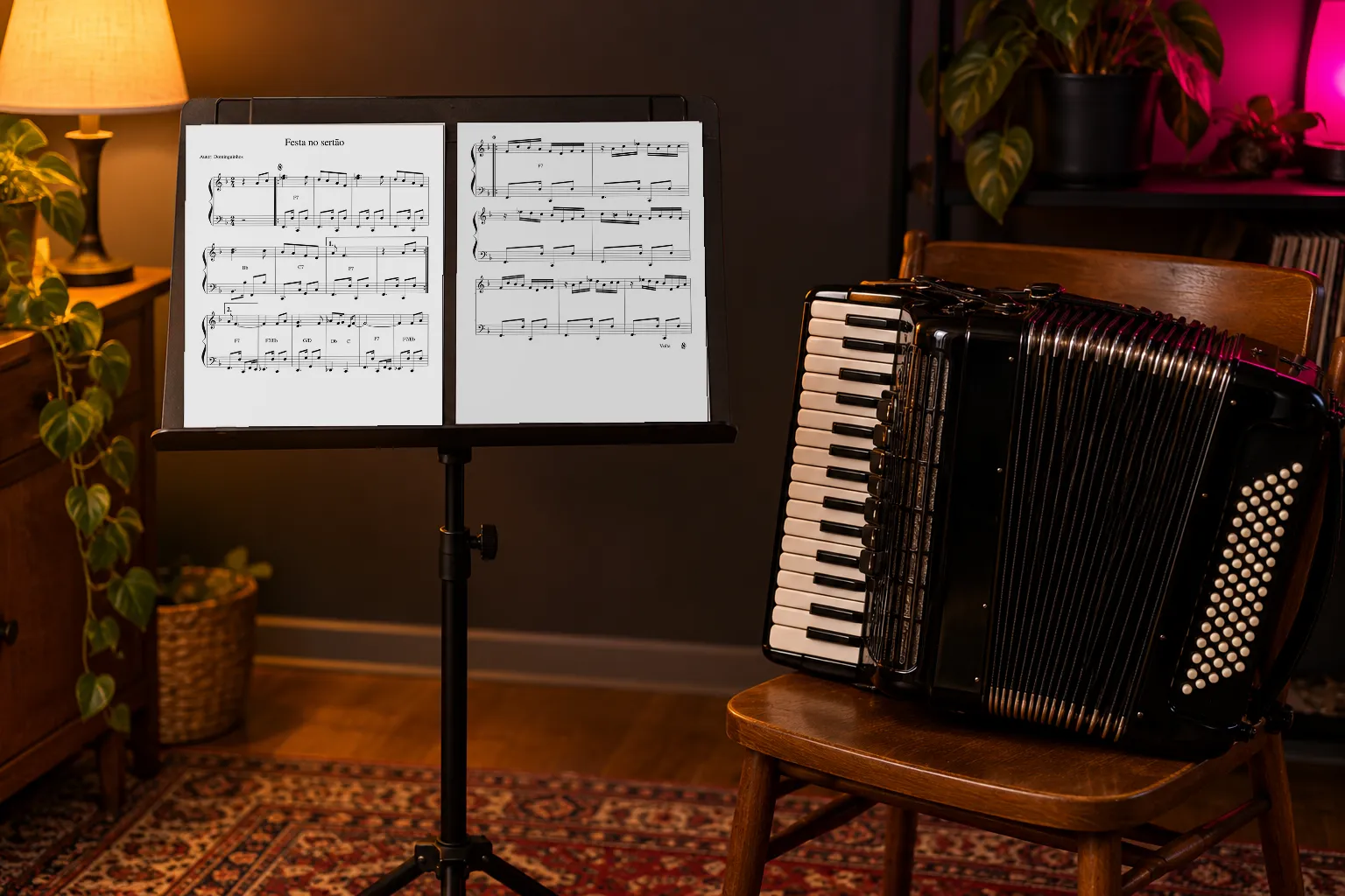 Estante de partitura com duas páginas de Festa no Sertão, ao lado de uma sanfona numa cadeira