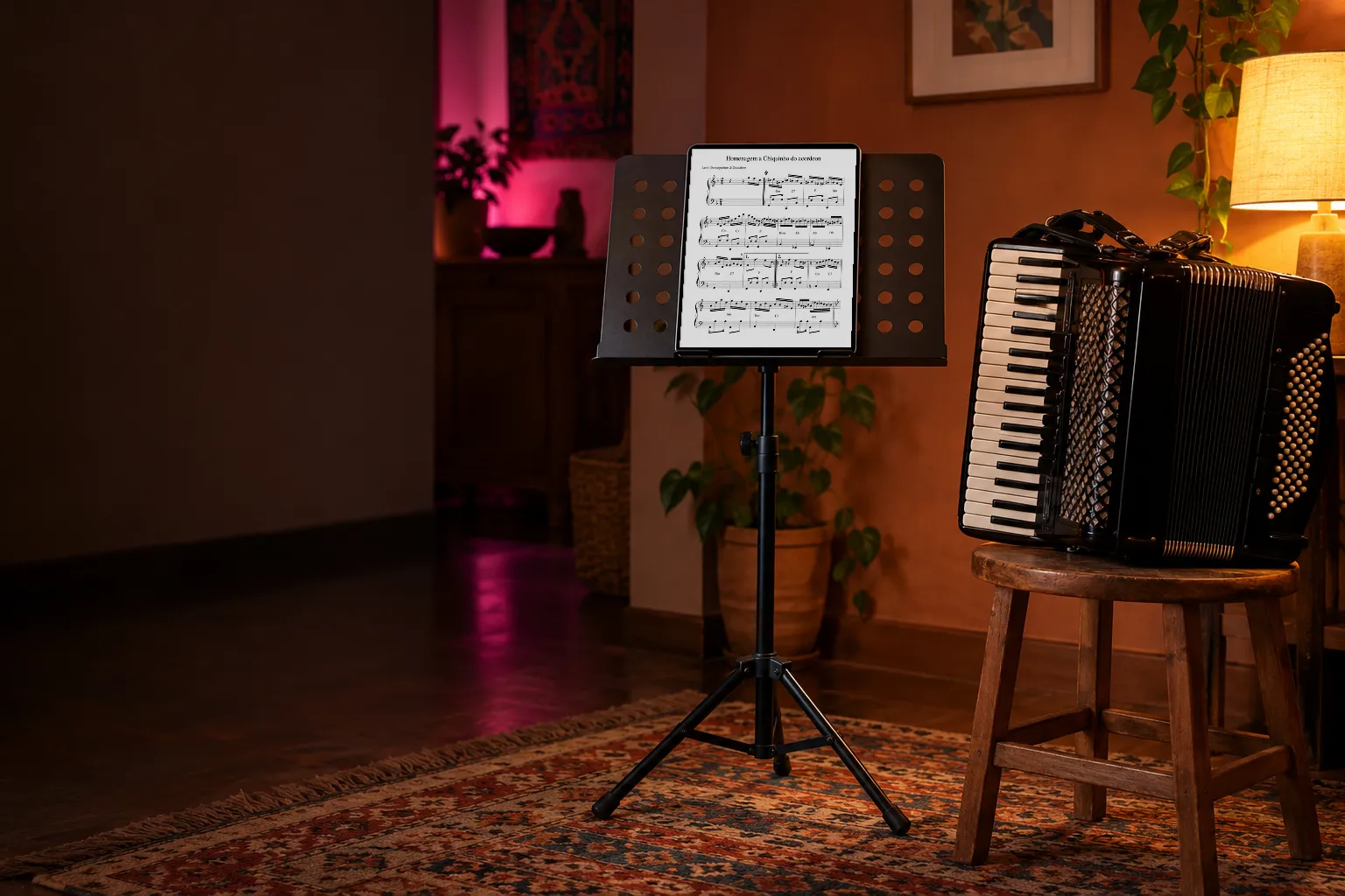 Tablet numa estante com a partitura de Homenagem a Chiquinho do Acordeon, ao lado de uma sanfona num banco de madeira