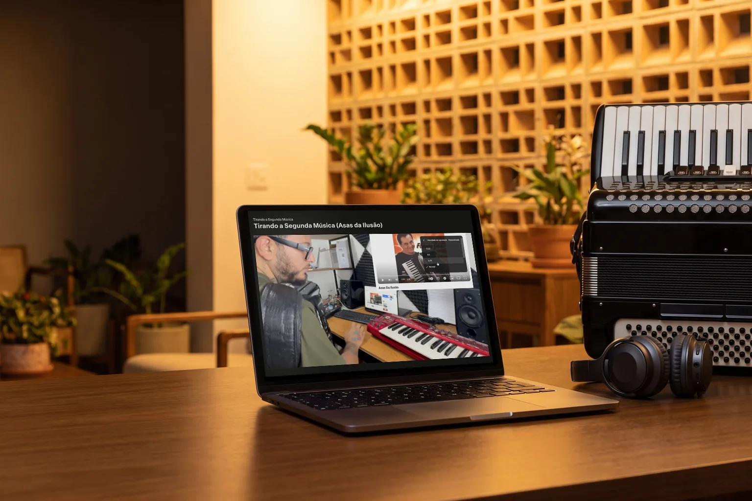 Notebook numa mesa de madeira ao lado de uma sanfona, com a aula Tirando a Segunda Música, Asas da Ilusão, aberta na área de membros
