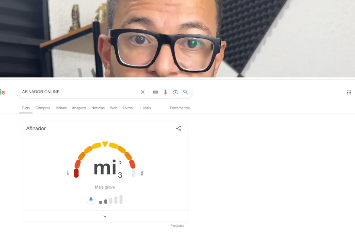 Aula do afinador: o Clayton canta e o afinador do Google mostra a nota Mi na tela