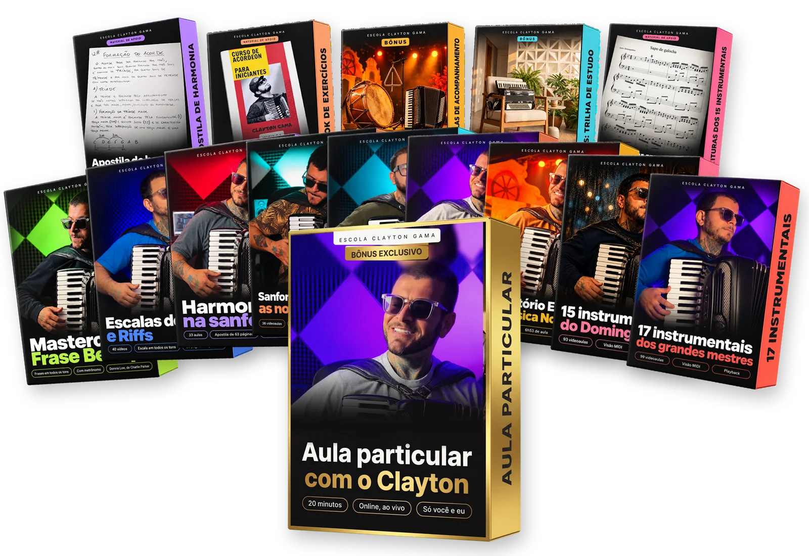 Os boxes dos 9 cursos da Escola, com o box dourado da aula particular na frente
