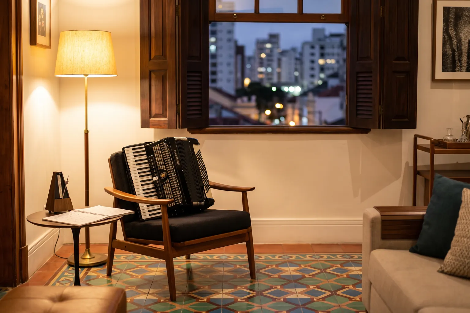 Sala à noite com piso de ladrilho hidráulico e janela de madeira aberta para a cidade, com uma sanfona numa poltrona e um metrônomo na mesinha ao lado