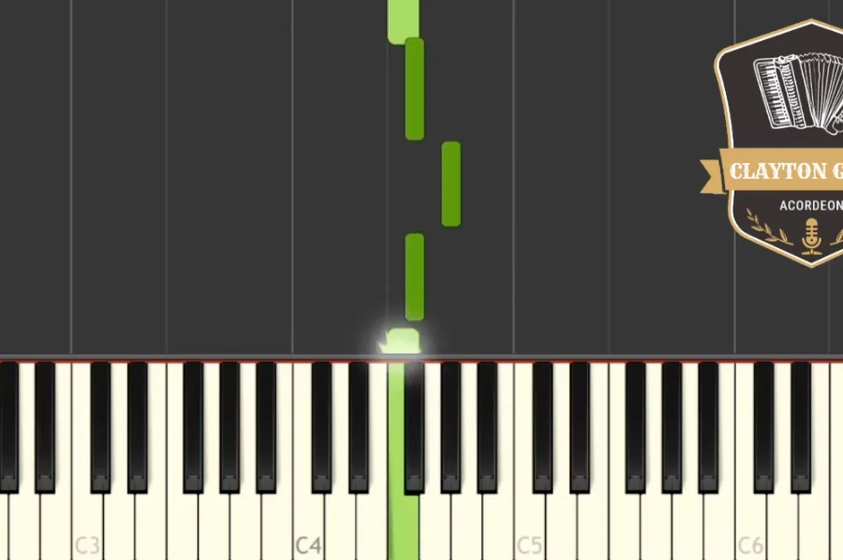 Visão MIDI da aula bônus de Donna Lee: as notas descem sobre um teclado na tela