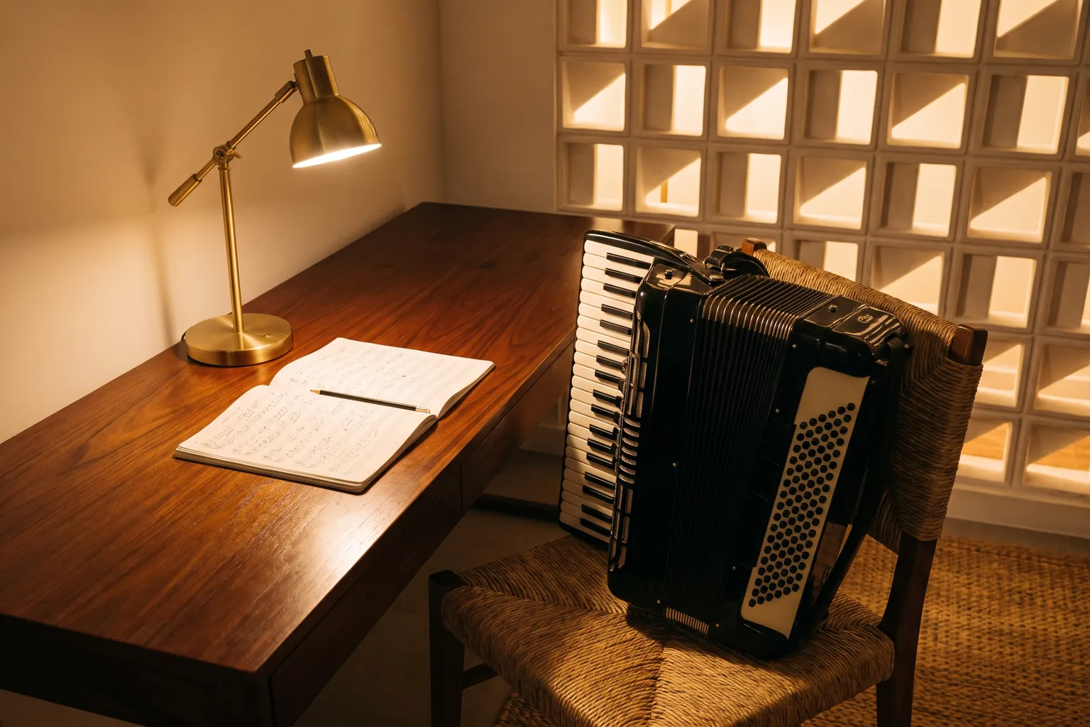 Escrivaninha de madeira com caderno de anotações e luminária dourada, uma sanfona numa cadeira de palha e parede de cobogó