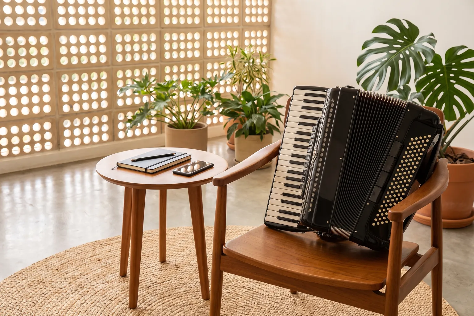 Canto de estudo num apartamento com divisória de cobogó, uma sanfona numa poltrona de madeira e uma mesinha com caderno e celular