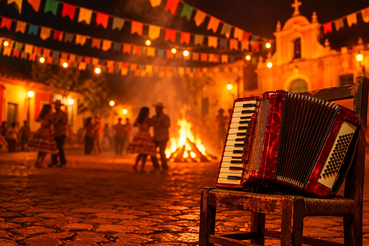 Sanfona vermelha numa cadeira de madeira, num arraial de São João à noite, com bandeirinhas e fogueira