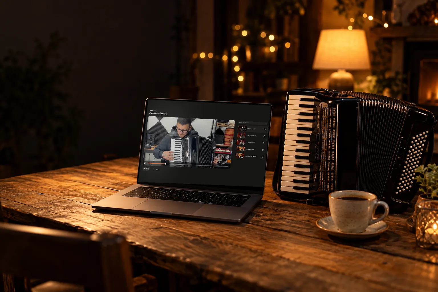 Notebook numa mesa de madeira, ao lado de uma sanfona, com a aula de Gostoso Demais aberta na área de membros