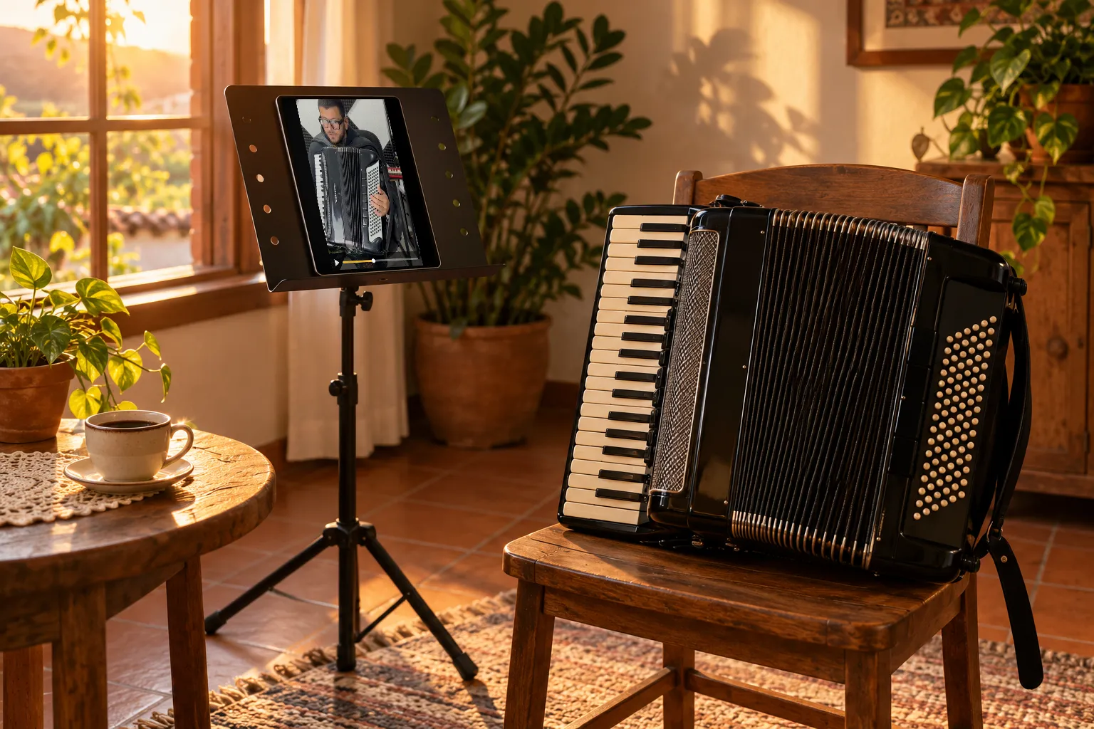 Sanfona numa cadeira ao lado de um tablet numa estante, com a videoaula do Clayton tocando, num canto de estudo em casa