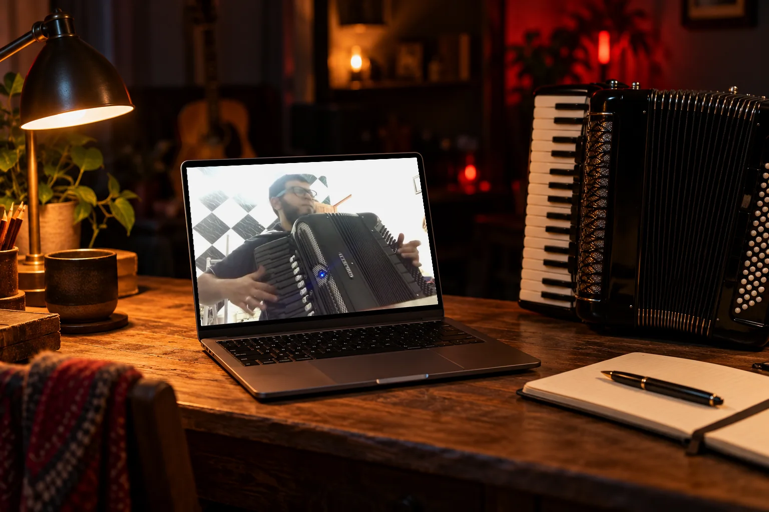 Notebook numa mesa de madeira ao lado de uma sanfona, com a aula Música completa de Limpa Banco aberta na área de membros
