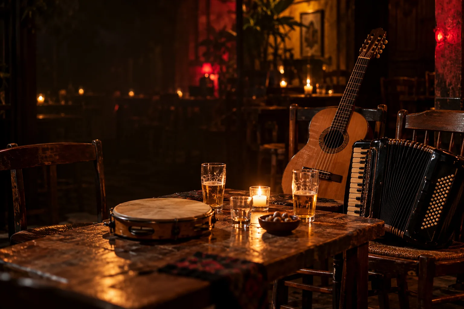 Mesa de uma roda de choro e forró à noite, com pandeiro, violão de sete cordas e uma sanfona numa cadeira
